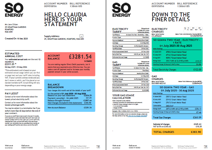 United Kingdom So Energy utility bill template in Word and PDF formats, 2 pages, version 2
